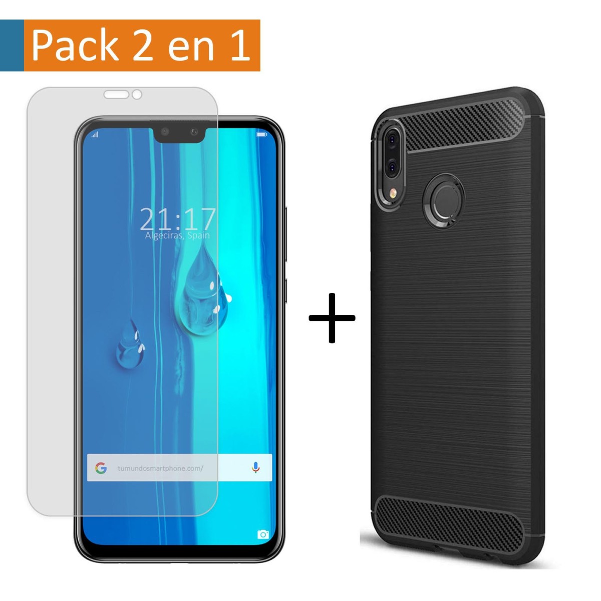 Tumundosmartphone Pack 2 En 1 Funda Gel Tipo Carbono + Protector Cristal Templado para Huawei Y9 2019
