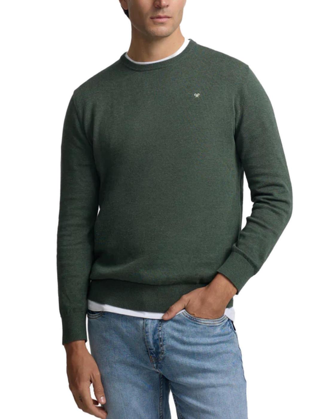 Jersey Silbon liso cuello caja verde oscuro para hombre