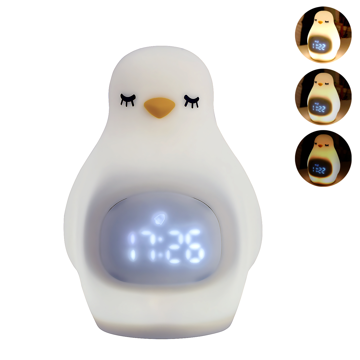 DAM. Reloj despertador con luz nocturna infantil, intensidad regulable. Diseño Pingüino. 10x9x15cm