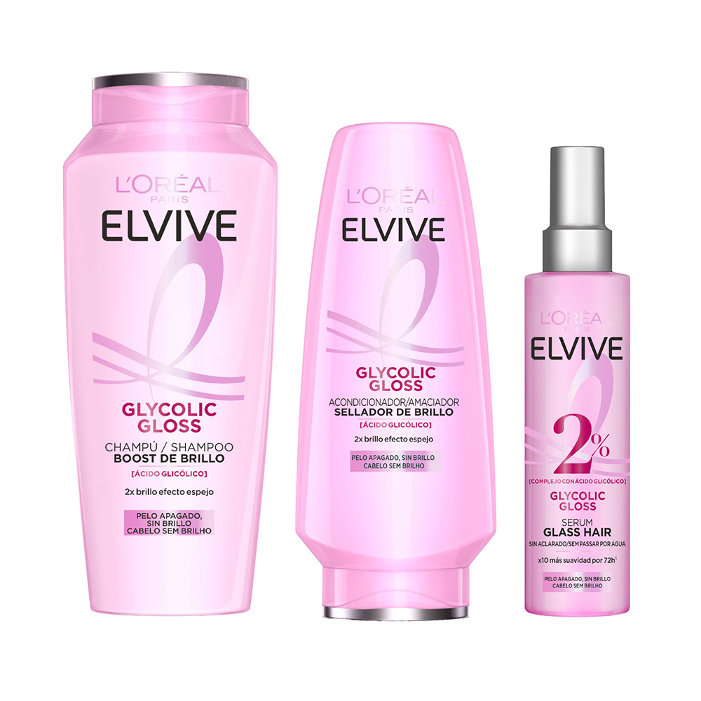 LOréal Paris | Rutina Glycolic Gloss Core Boost de Brillo enriquecido con ácido glicólico. Rutina de Champú, acondicionador o sérum