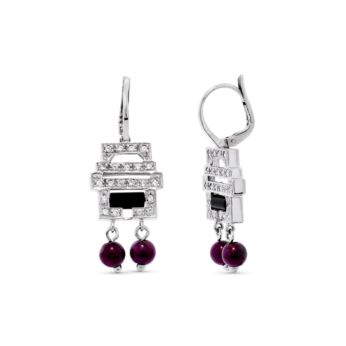 Pendientes oro blanco 18k largos 33 mm. mujer circonitas bolas moradas ballesta
