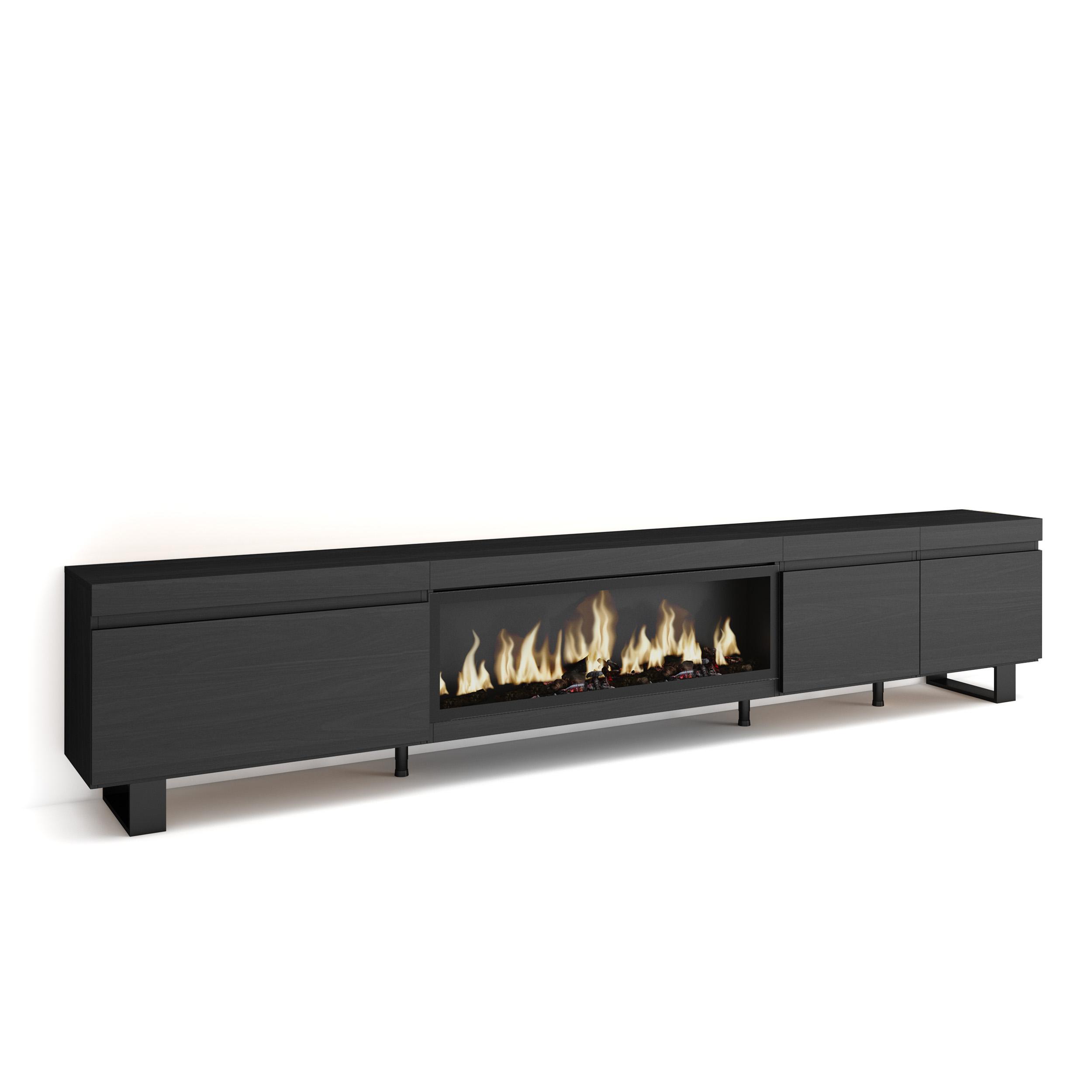 Skraut Home, Mueble TV, 288x35x57cm, Para TV gran formato, Chimenea eléctrica XXL led efecto fuego 3d