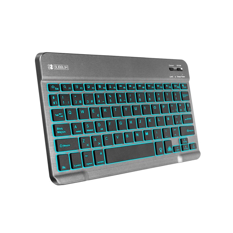 Subblim Smart Backlit Bluetooth Keyboard in Grey, ultra-thin and portable design with 7 adjustable backlight colors, rechargeable Li-ion battery, compatible with Android, iOS, and Windows devices, ideal for laptops and tablets.