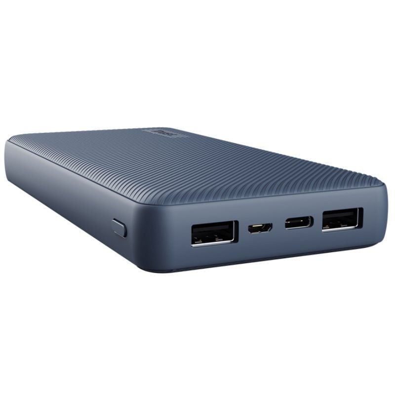 Powerbank 20,000mAh Trust Primo in Blue, a high-capacity external battery designed to charge three devices simultaneously via 2 USB-A and 1 USB-C port, perfect for smartphones and tablets with fast charging capabilities.