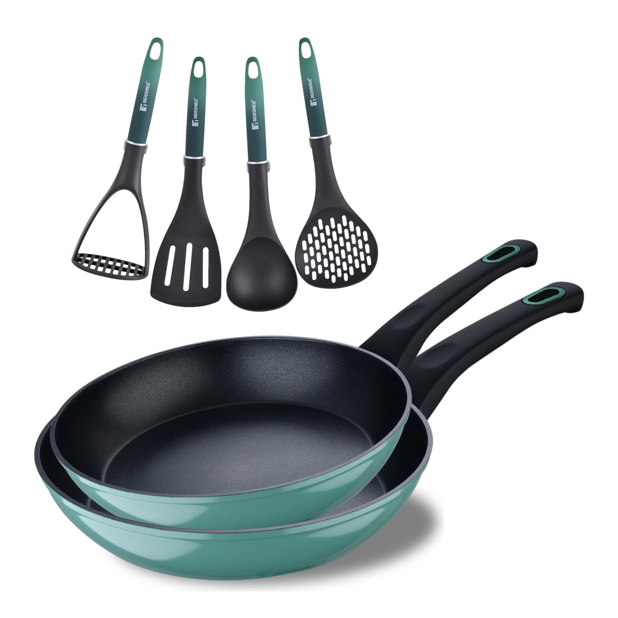 Juego de 2 Sartenes Ø20Ø24cm CLASSIQUE en aluminio forjado antiadherentes + Utensilios de cocina verdes Bergner
