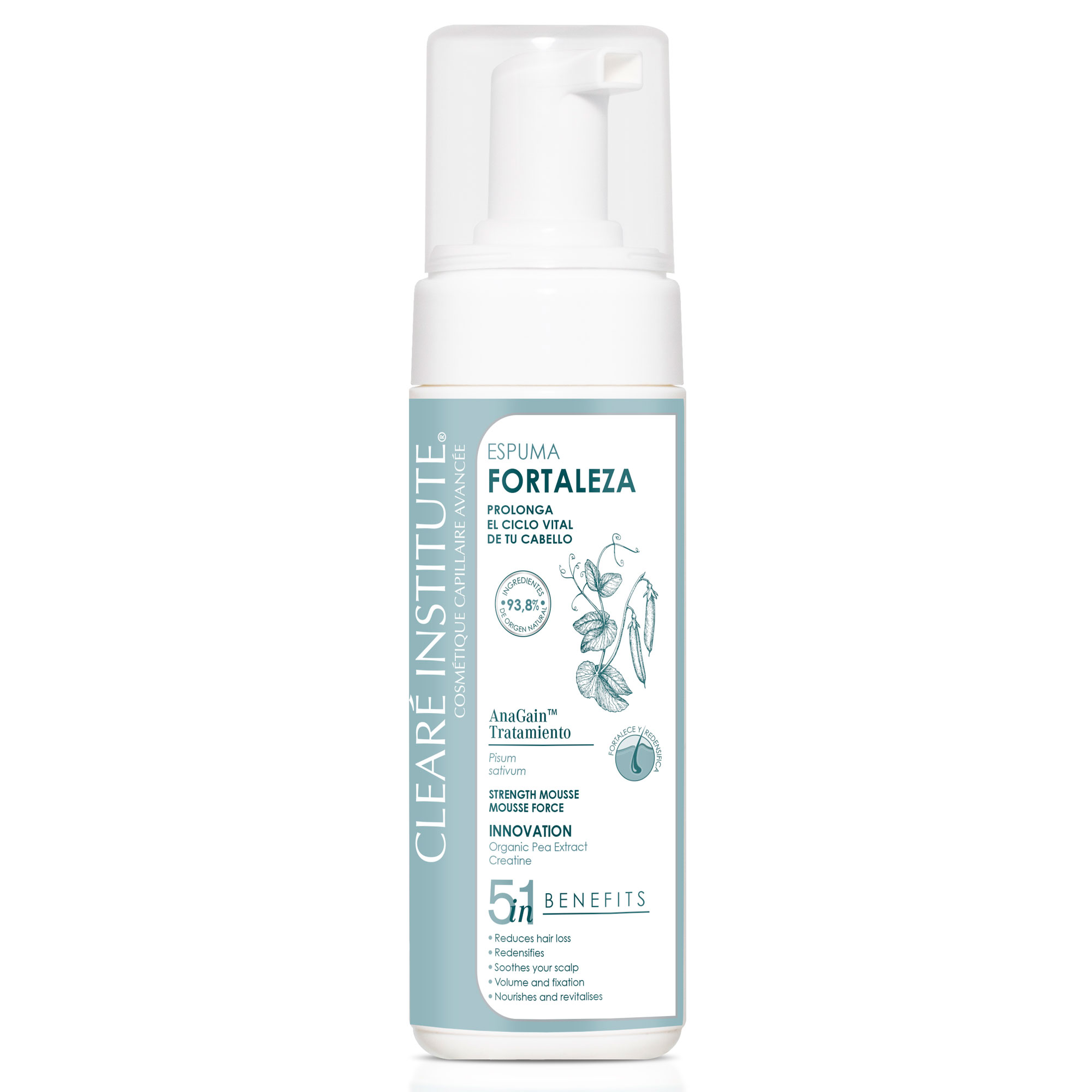 Clearé Institute - Espuma Fortaleza Anticaída | Volumen, Fijación y Protección | Mujeres y Hombres con Problemas de Caída Capilar | Apta Método Curly | 93,8% Ingredientes Naturales | 150 ml