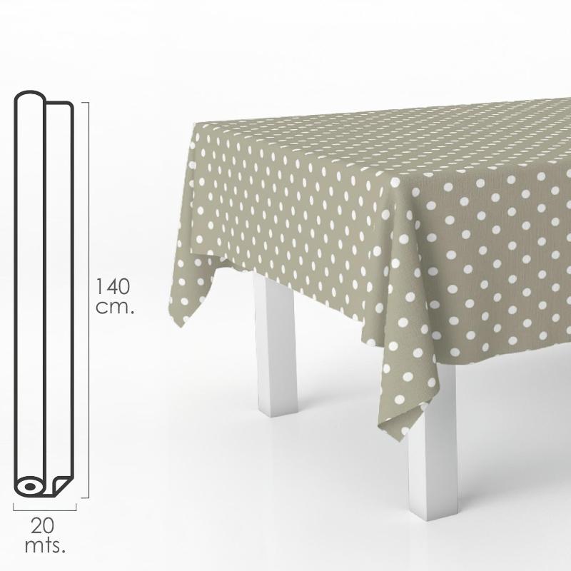Mantel hule rectangular topos beige. impermeable antimanchas pvc 140 cm. x 20 metros. rollo recortable. interior y exterior