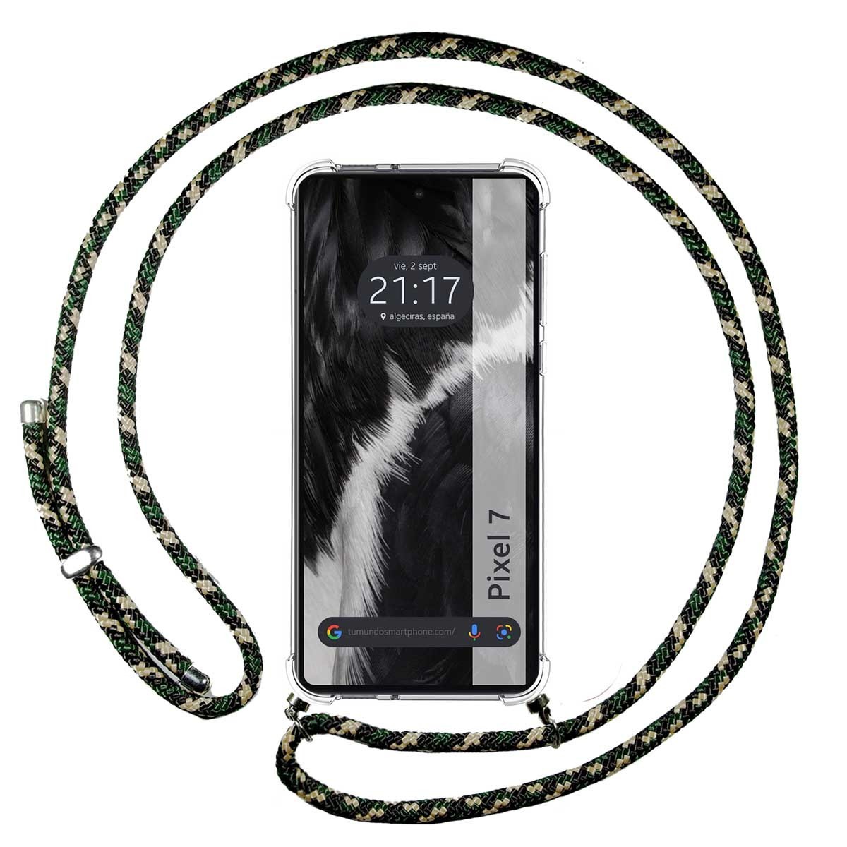 Tumundosmartphone Funda Colgante Transparente para Google Pixel 7 5G con Cordon Verde / Dorado - Protección Antigolpes