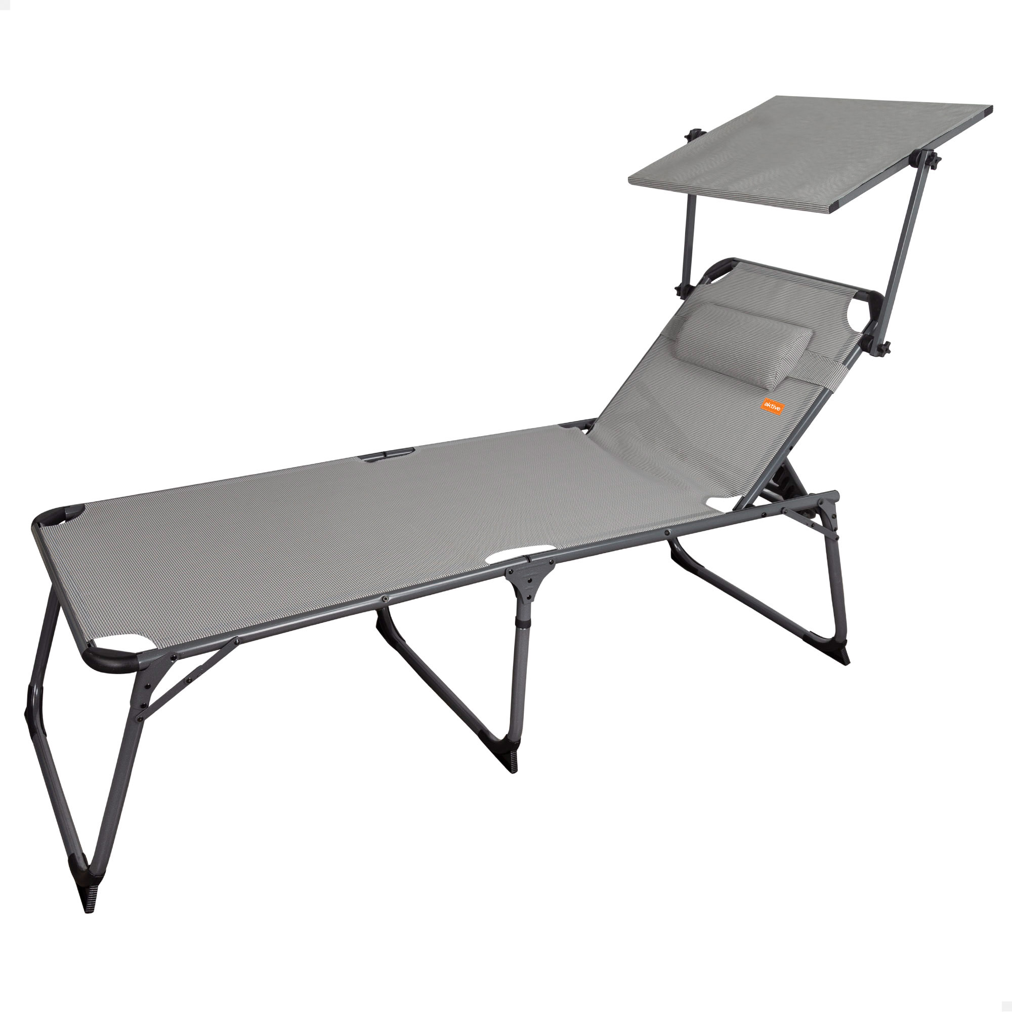 Aktive - Tumbona de playa plegable, color gris, 193x67x48/96 cm, altura XL, peso máximo 100 kg, reclinable 5 posiciones, cojín acolchado, toldo ajustable, topes antivuelco, aluminio y textileno, fácil transporte con asa