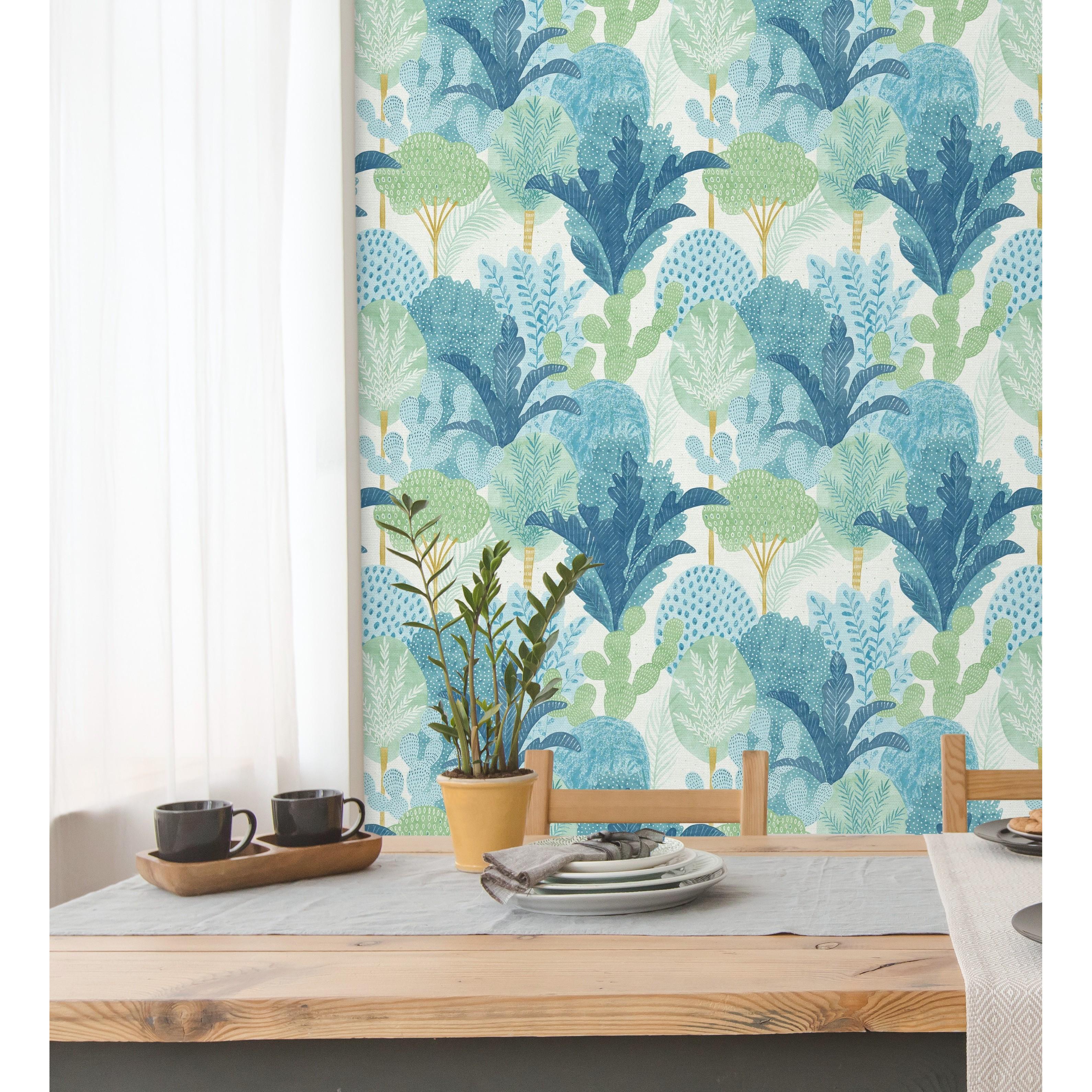 Papel pintado vinílico ecológico árboles y cactus color azul tropical - Town Forest 680809 de GAULAN - Rollo de 10 m x 0,53 m