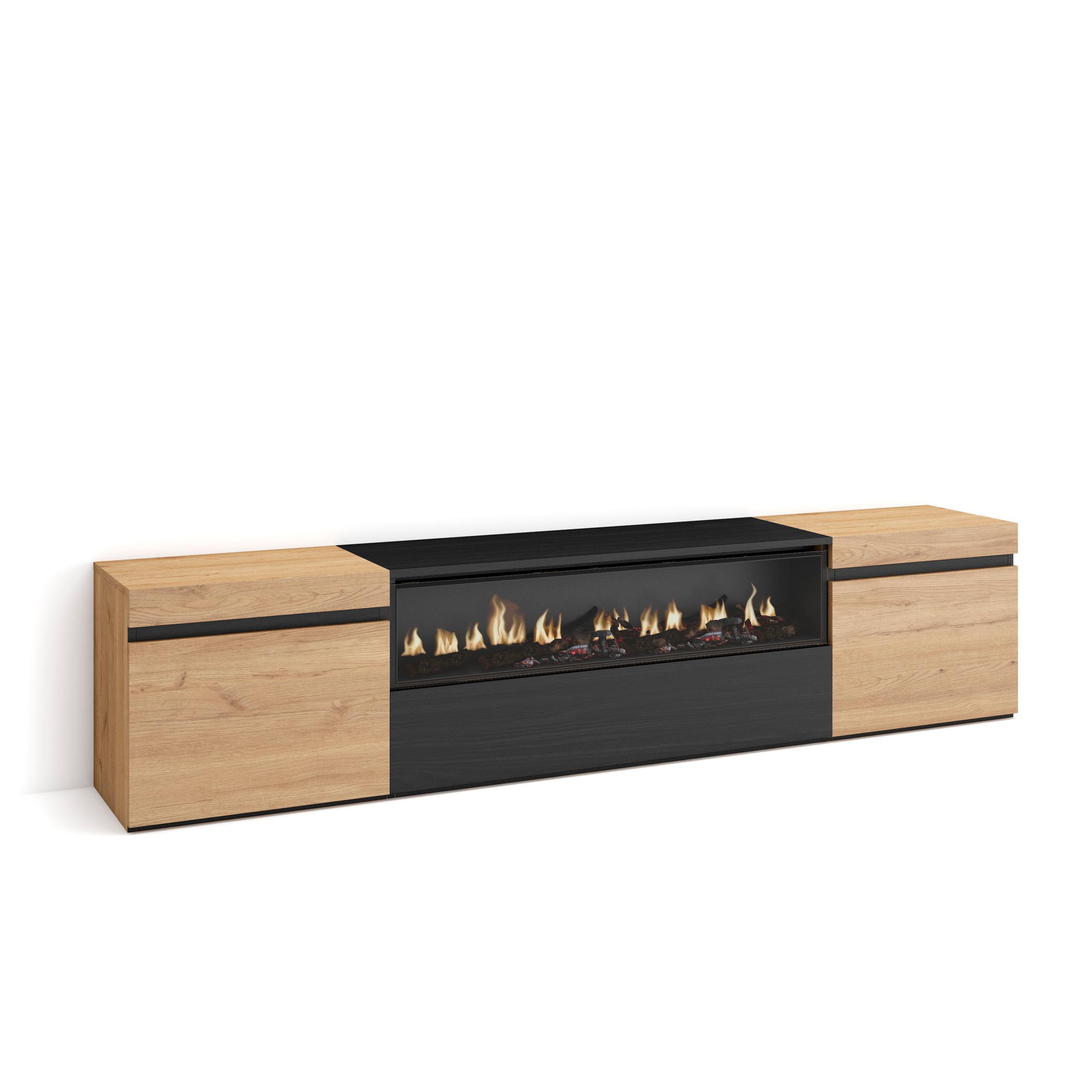 Skraut Home, Mueble de Televisión en melamina de alta calidad con 3 puertas, 203x35x45cm, Fuego led efecto 3d
