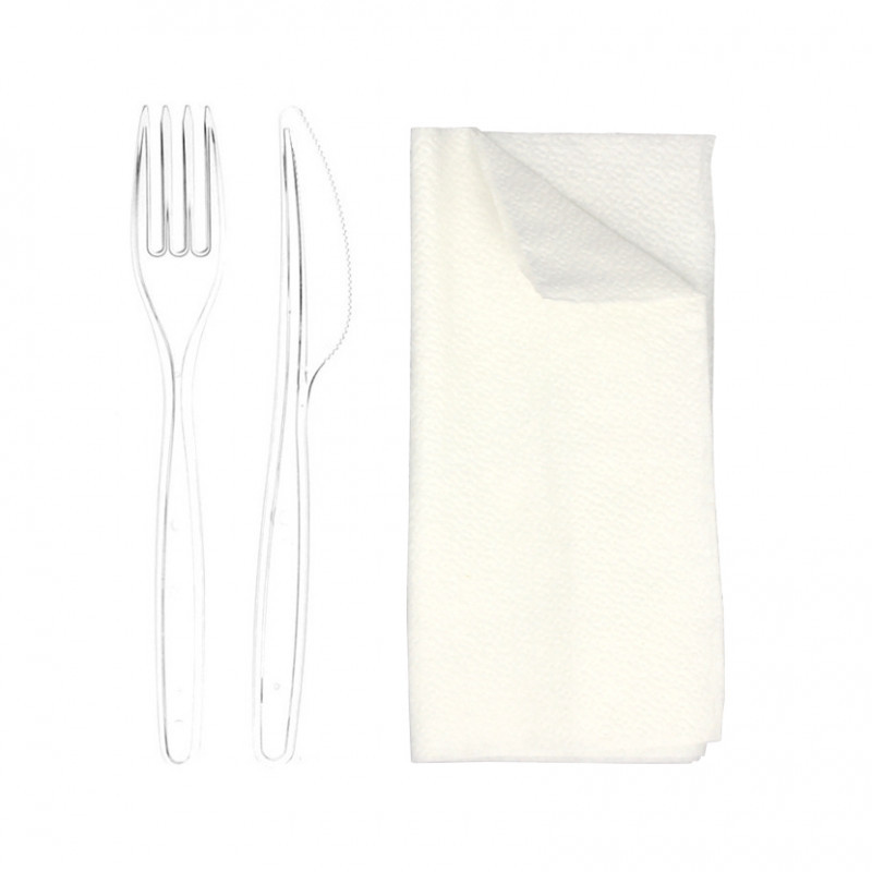 500 Uds. Set de cubiertos PS transparente y reciclable (tenedor, cuchillo y servilleta) | Ref: 0003/1TR