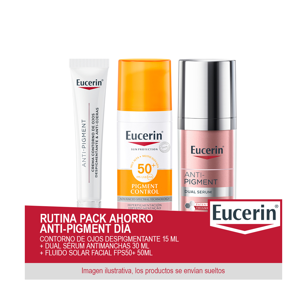 EUCERIN Rutina Pack Ahorro Anti-Pigment Día - Contiene Contorno de Ojos Despigmentante 15 ml + Dual Sérum Antimanchas 30 ml + Fluido Solar Facial FPS50+ 50ml