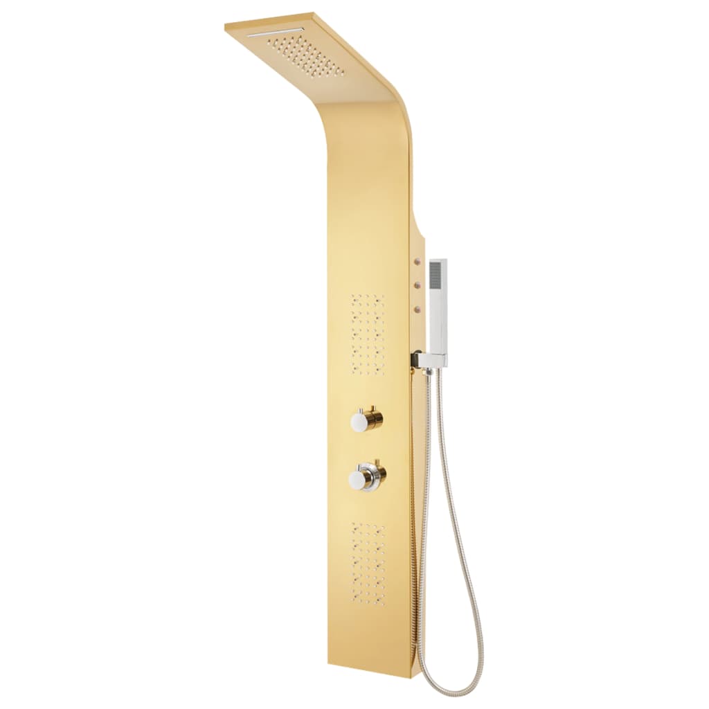 vidaXL Sistema de panel de ducha acero inoxidable 201 dorado curvo