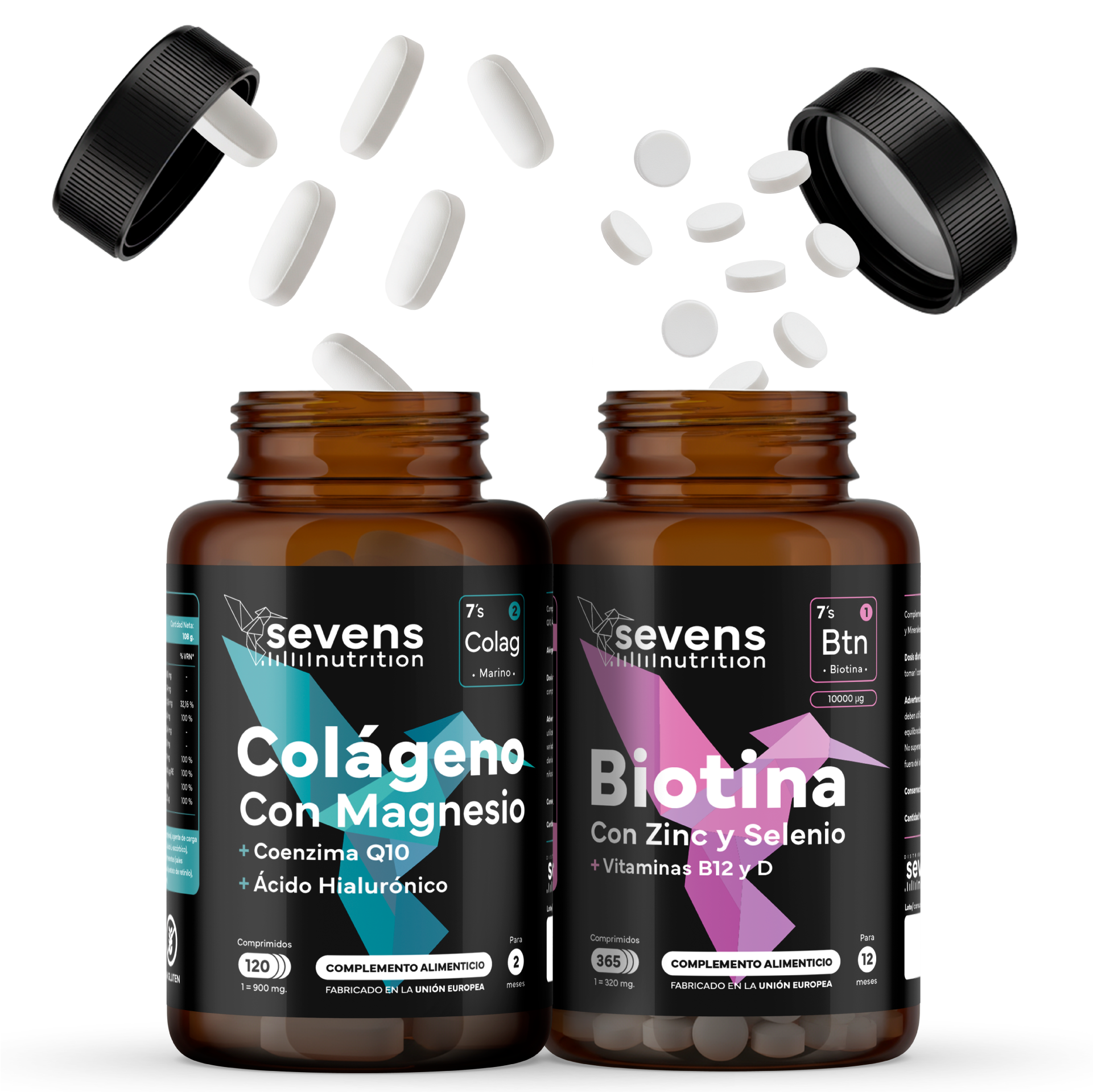 Pack Colágeno Marino con Magnesio 120 Comprimidos + Biotina 10.000 mcg 365 Comprimidos – Sevens Nutrition