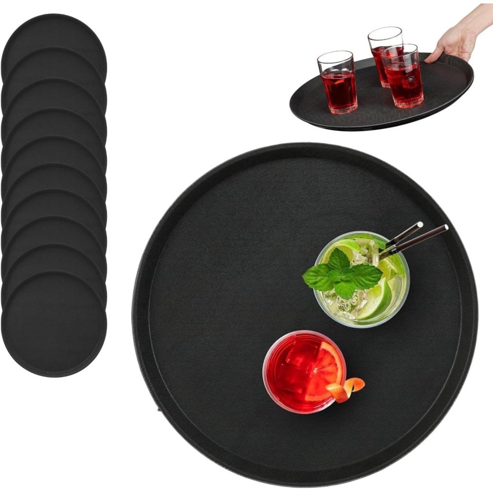 Set de Bandejas para Servir Camareros, Bar, Gastro, Redondas 40cm Ø, Gastronomía, Tabla Servir, Antideslizante (10x Color Negro) coshano