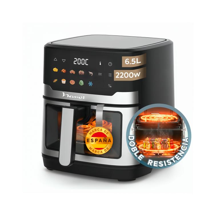 NARVI Freidora de Aire_ sin Aceite. Capacidad de 6_5L . Potencia 2200W. De Acero Inoxidable _ Doble Grill_ con Doble Resistencia_ Ventana Visible con Luz interior y Panel Digital Táctil. Ref. NF17