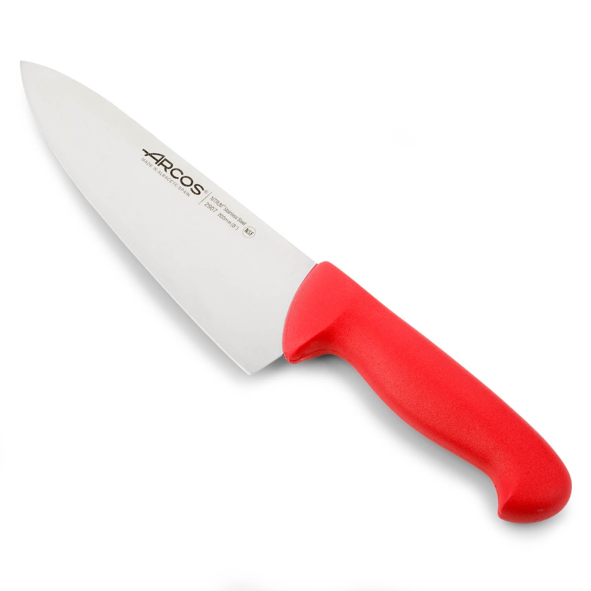 Arcos Cuchillo Chef Acero Inoxidable Nitrum y Hoja 200 mm. Cuchillo cocina profesional multipropósito. Mango ergonómico polipropileno. Serie 2900. Color rojo.