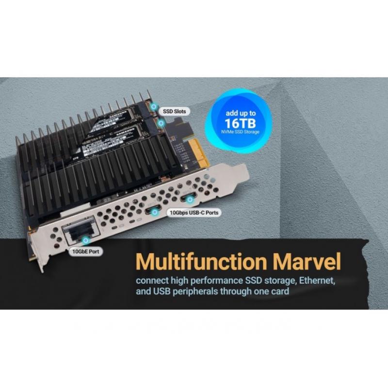 Tarjeta McFiver PCIe: tarjeta adaptadora multifunción con dos ranuras M.2 NVMe SSD, Ethernet de 10 Gb y dos puertos USB-C de 10