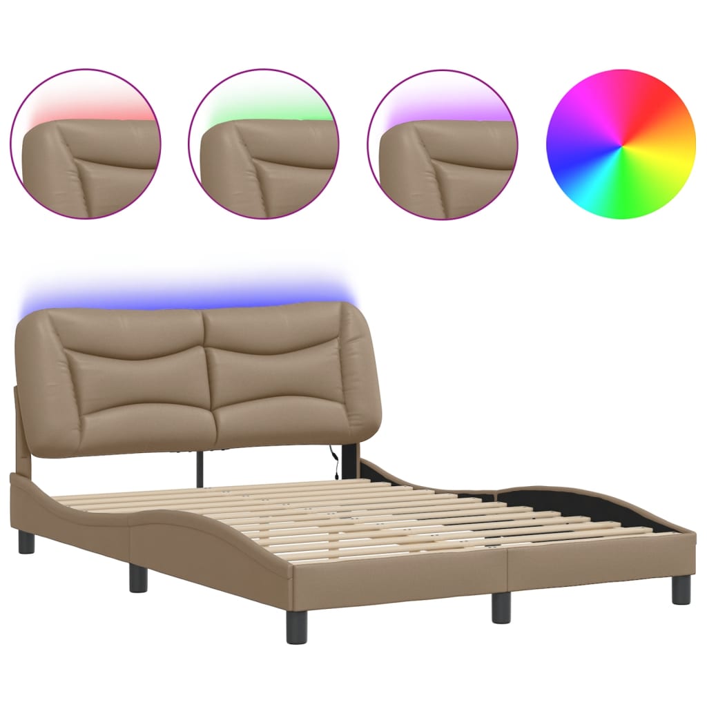 vidaXL Estructura de cama con LED cuero sintético capuchino 140x190 cm