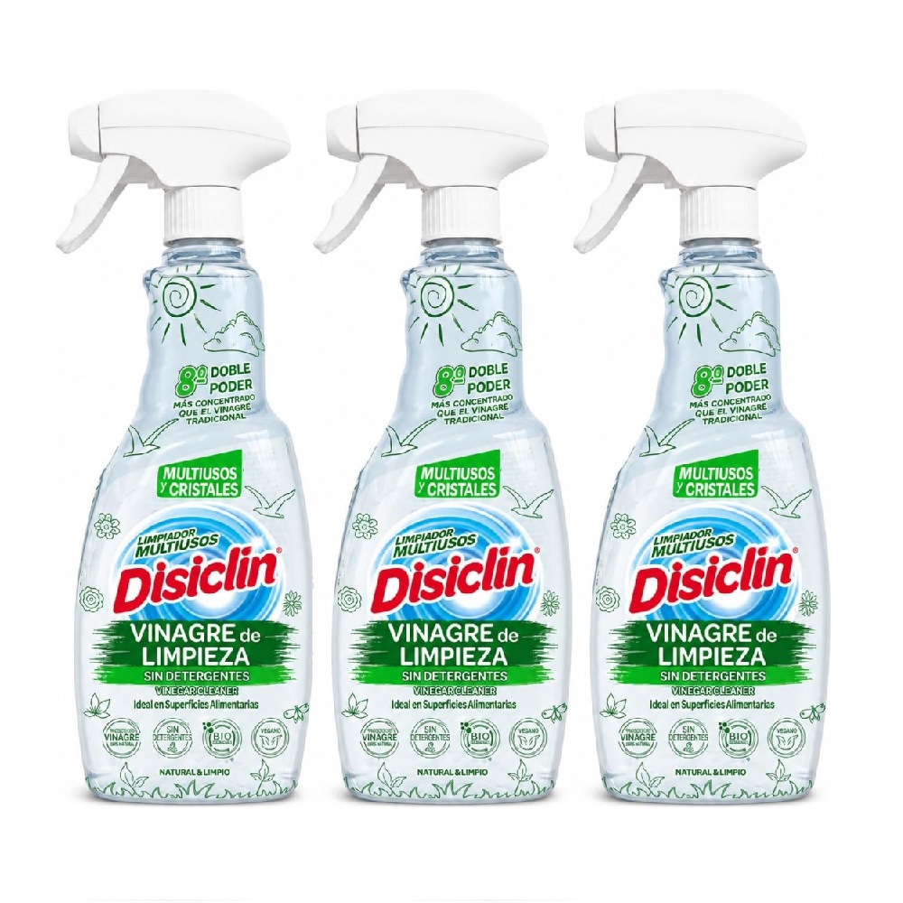 Disiclin Vinagre de Limpieza en Spray 100% Natural Sin Detergentes 750 ml (Pack 3 unidades) - Multiusos, Valido para todo tipo de superficies, ideal para cristales, Más concentrado Doble poder