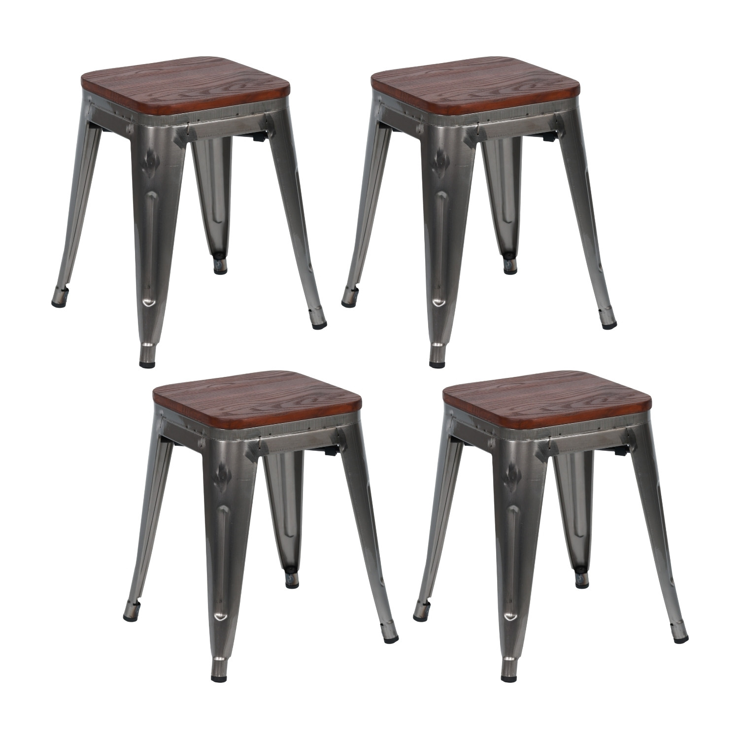 Pack 4 Taburetes Bajos Industriales Apilables de Acero y Madera 38x38x46cm Thinia Home