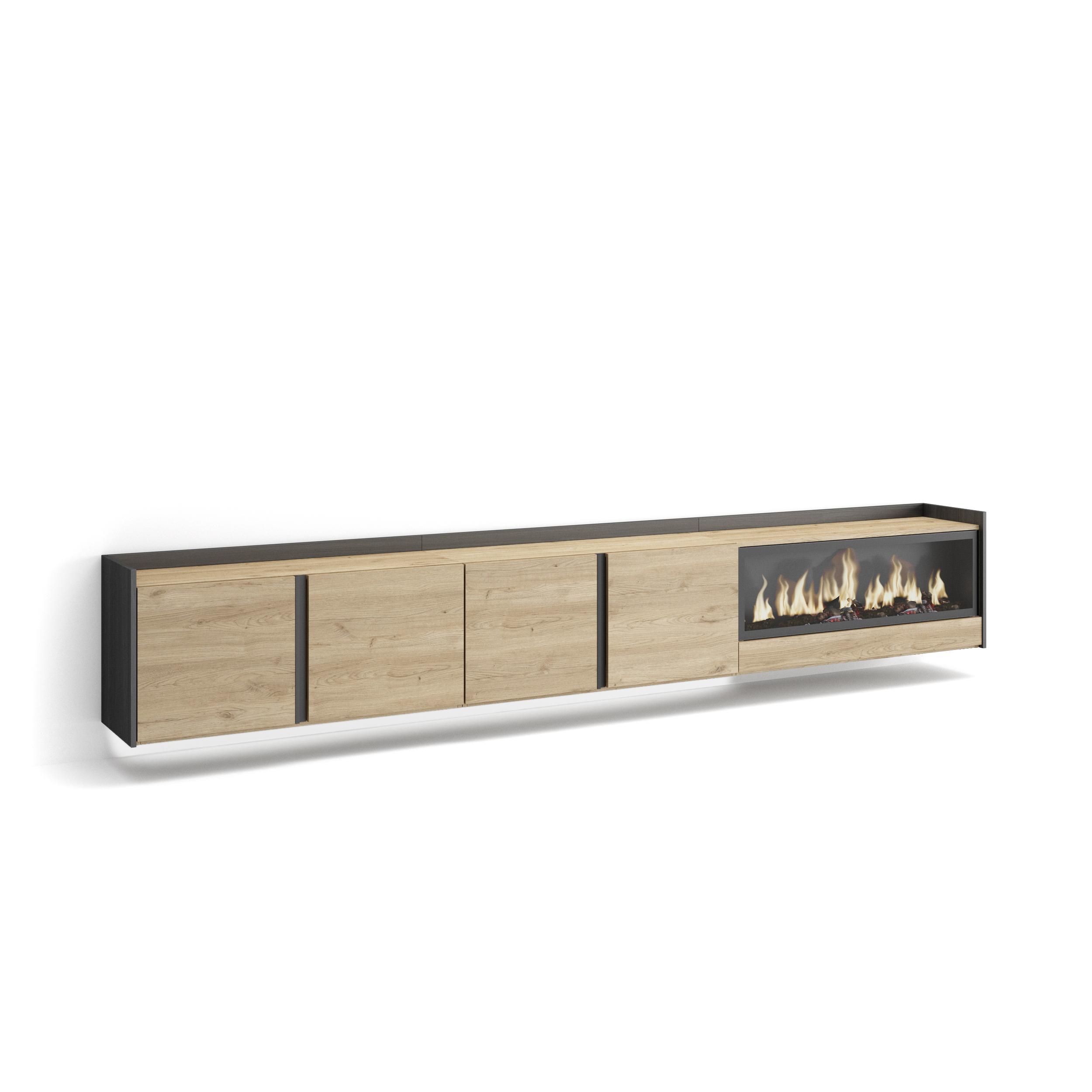 Mueble TV, Televisión, 315x35x50cm, Para TV hasta 80", Chimenea eléctrica XXL, Colgado, Suspendido, LED