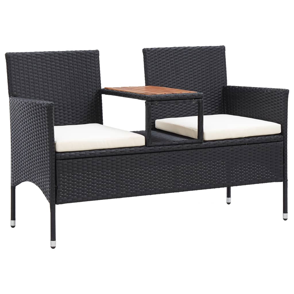 vidaXL Banco de jardín 2 plazas con mesita ratán sintético 143 cm en color Gris/Negro | estructura resistente ideal para salón dormitorio o estudio