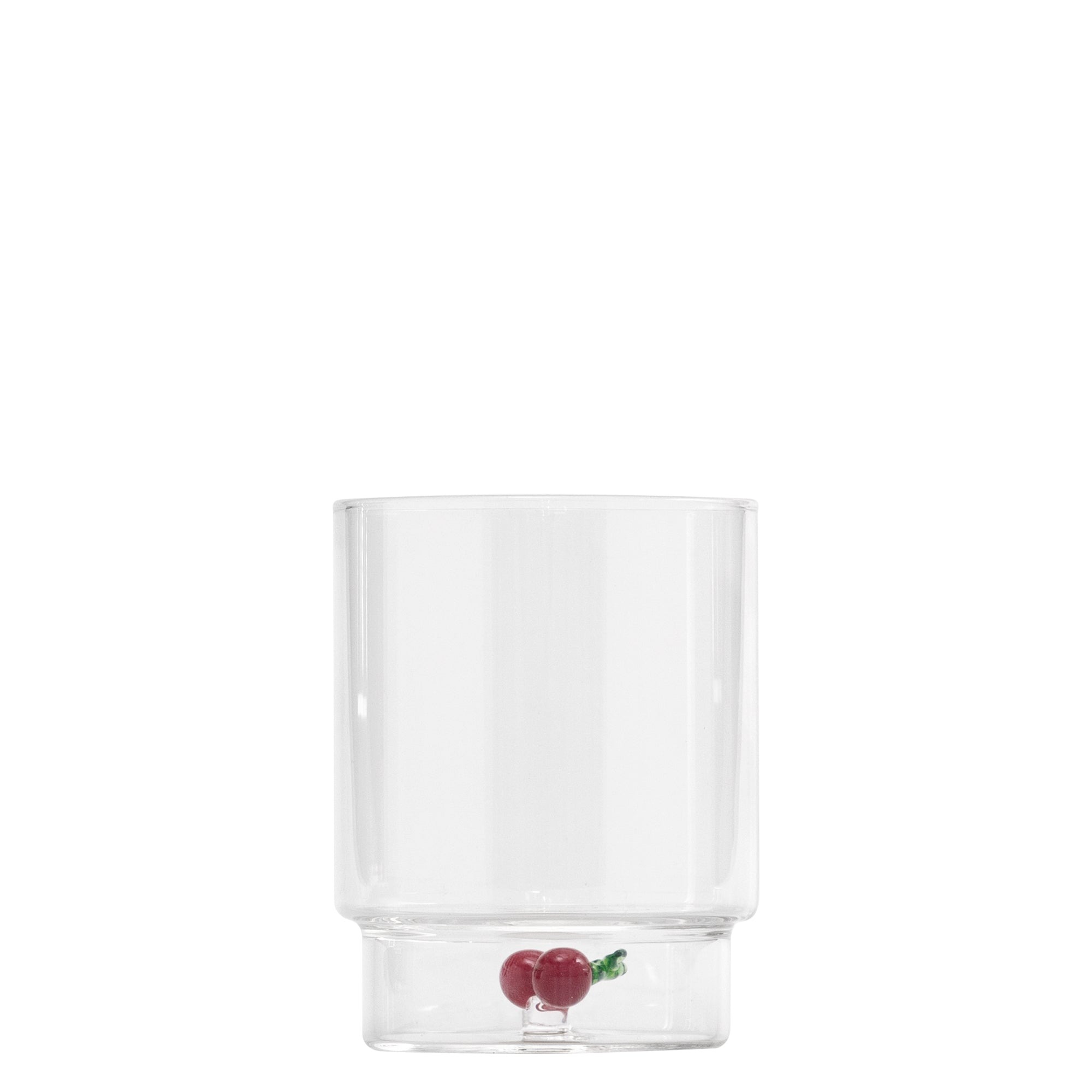 Zafferano Teca Frutta - Juego de 6 Vasos de Vidrio Borosilicato con Cerezas - Vaso de 35 cl con Doble Fondo Decorado a Mano, Fácilmente Lavable