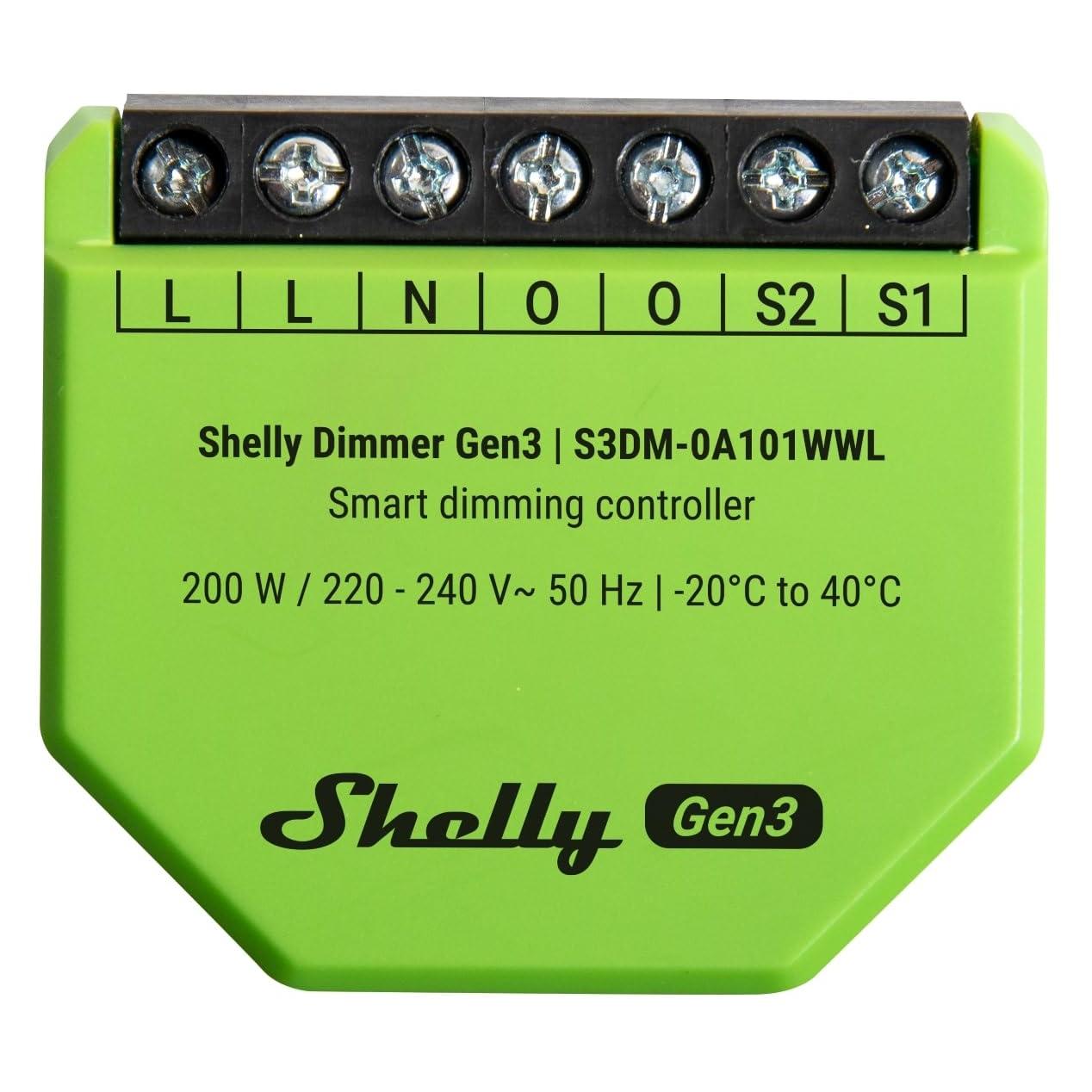 Shelly Dimmer Gen3- WiFi & Bluetooth Smart Dimmer, Domótica, Luces Regulables, Tiras de LED, No Requiere Conductor Neutro, Smart Schedules, No Requiere Hub, iOS & Android