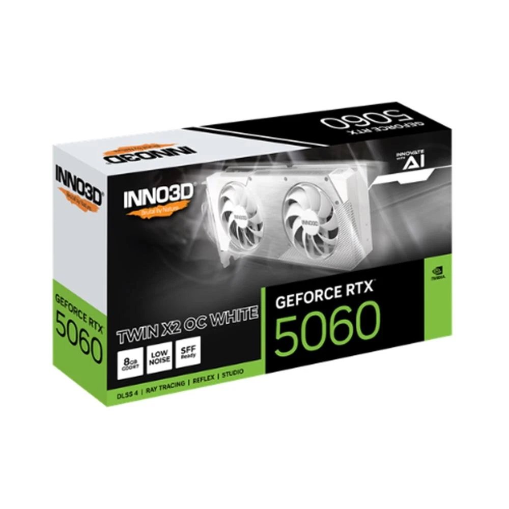 Inno3D - Tarjeta gráfica GeForce RTX 5060 Twin X2 OC blanca, 8 GB GDDR7, 448 GB/s, refrigeración dual para PC compacta y SFF