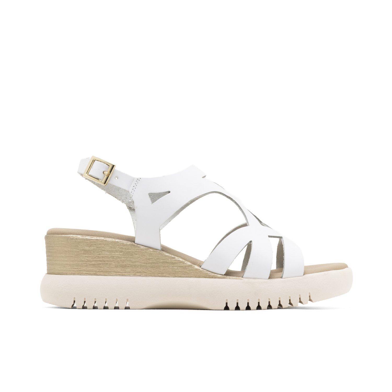 Sandalia de Cuña de Piel Estela Blanco con Diseño Geométrico Artesanal, Confort Extra con Plantilla Acolchada, Estabilidad Óptima con Suela Antideslizante, Cuña de 5 cm y Plataforma de 3 cm, Cierre de