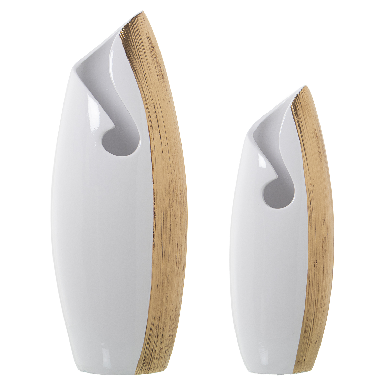 Set 2 jarrones ceramica blanco, dorado 19x15x50 y 15x12x40cm