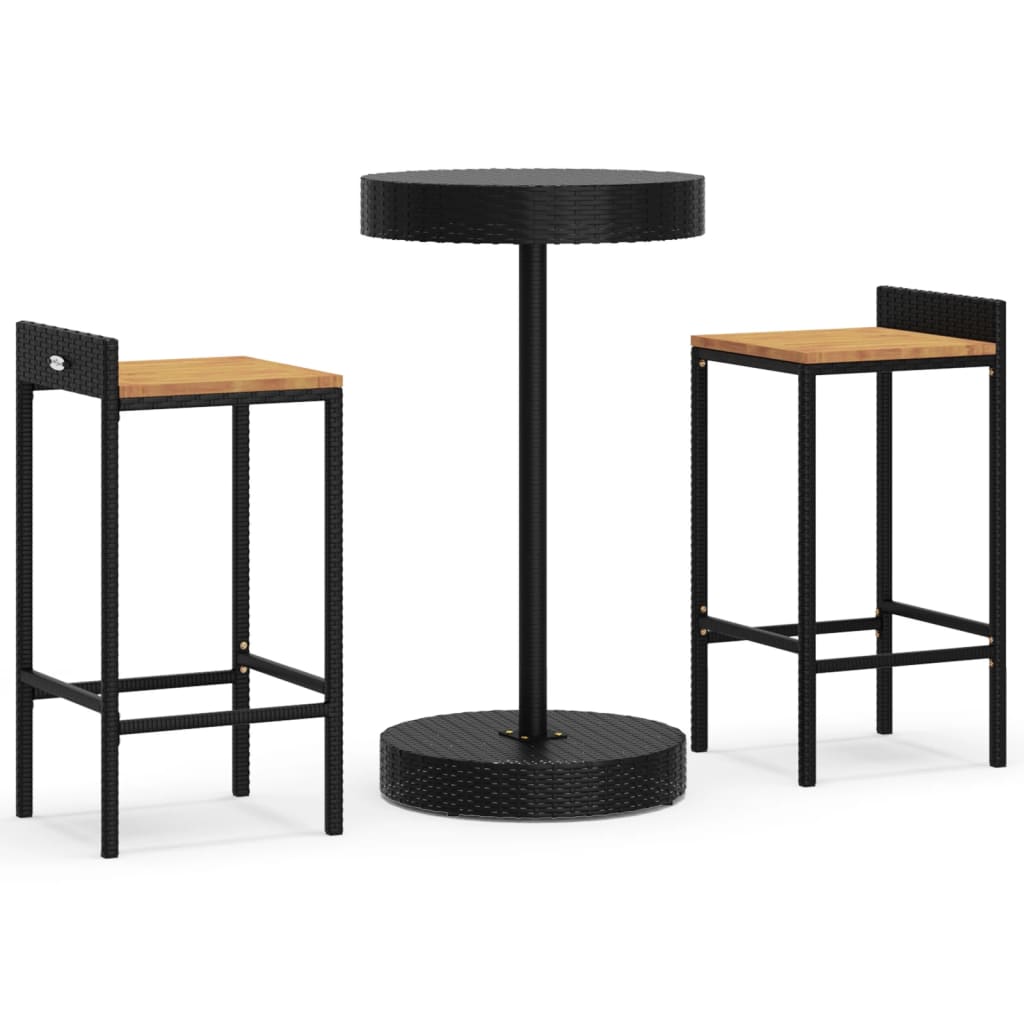 vidaXL Mesa bar y taburetes jardín 3 pzas madera acacia ratán PE negro