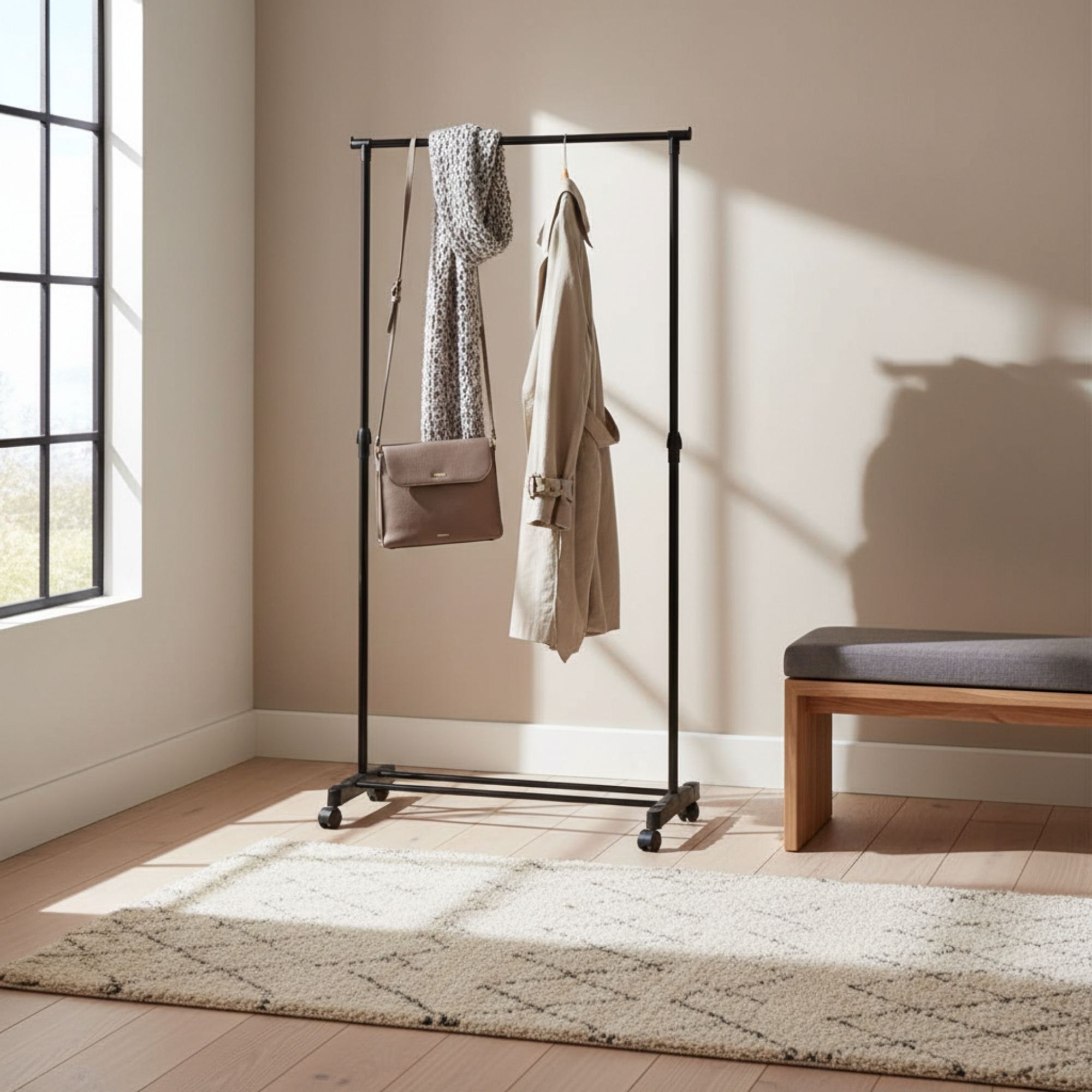 MOBLEKIT | Percheros de Pie y Percheros Extensibles de Metal y Madera, Burros de Ropa con Opciones Ajustables, con Ruedas o Estantes, Organizadores para Dormitorio, Entrada y Hogar