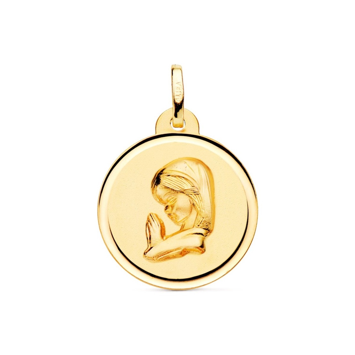 Medalla oro 18k Virgen Niña 20mm. rezando relieve lisa detalle cerco