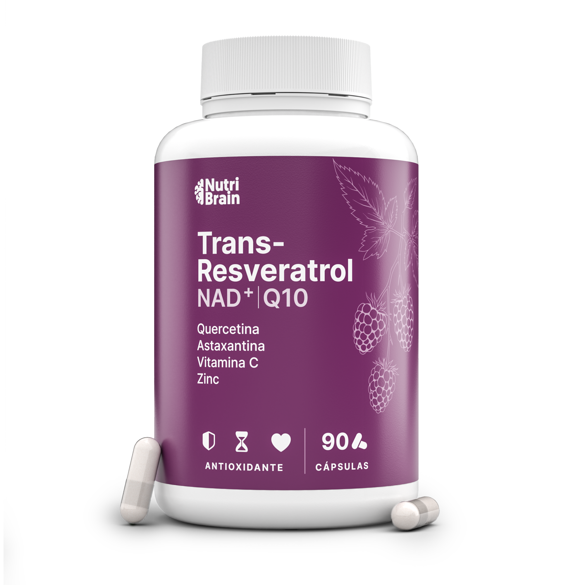 Trans-Resveratrol Nutribrain & NAD + Coenzima Q10, Zinc, Astaxantina y Vitamina C - 90 Cápsulas (3 Meses)