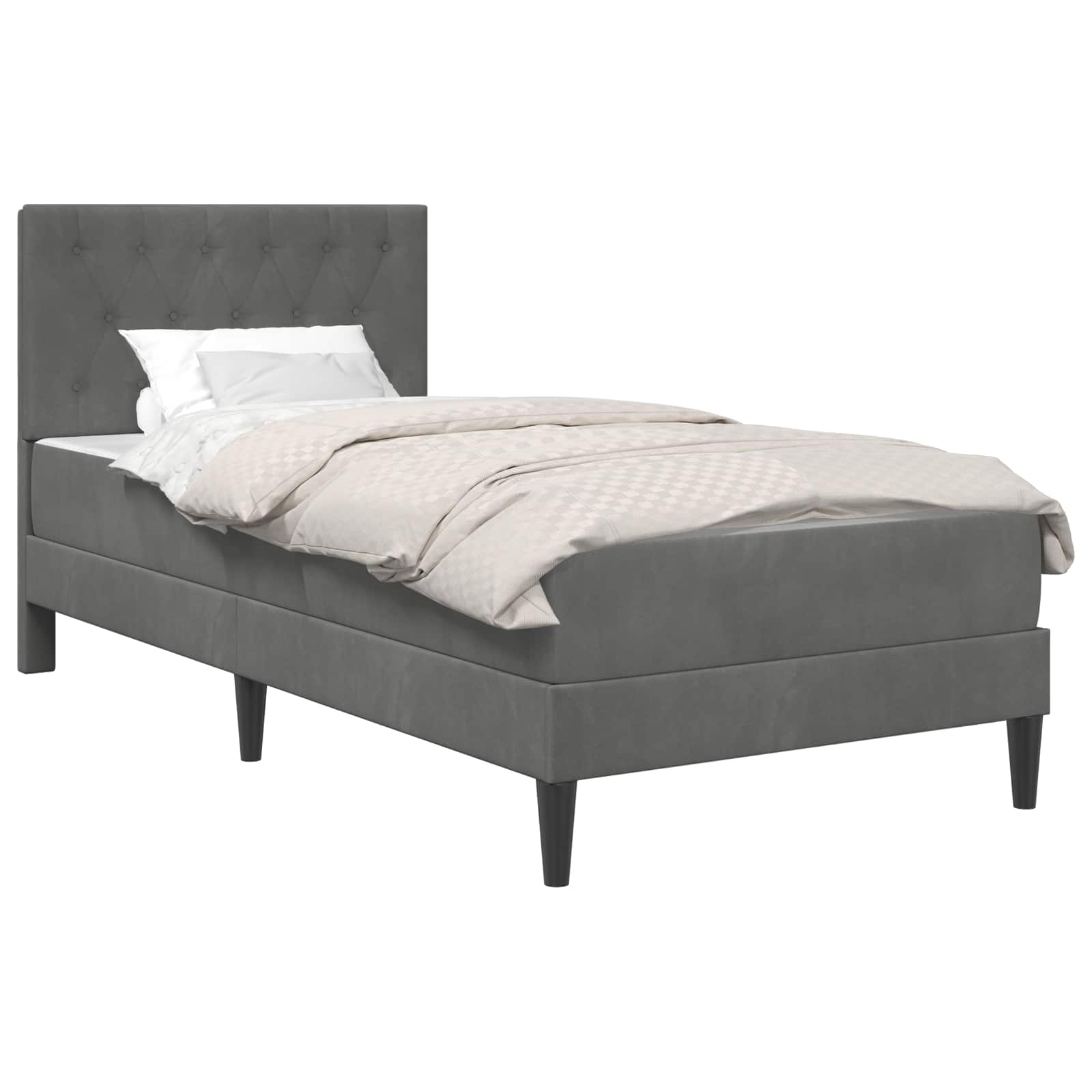 Cama con colchón incluido de terciopelo gris oscuro, base de listones y cabecero acolchado para dormitorio moderno, medidas 202x84x96 cm, soporte hasta 140 kg, fácil montaje