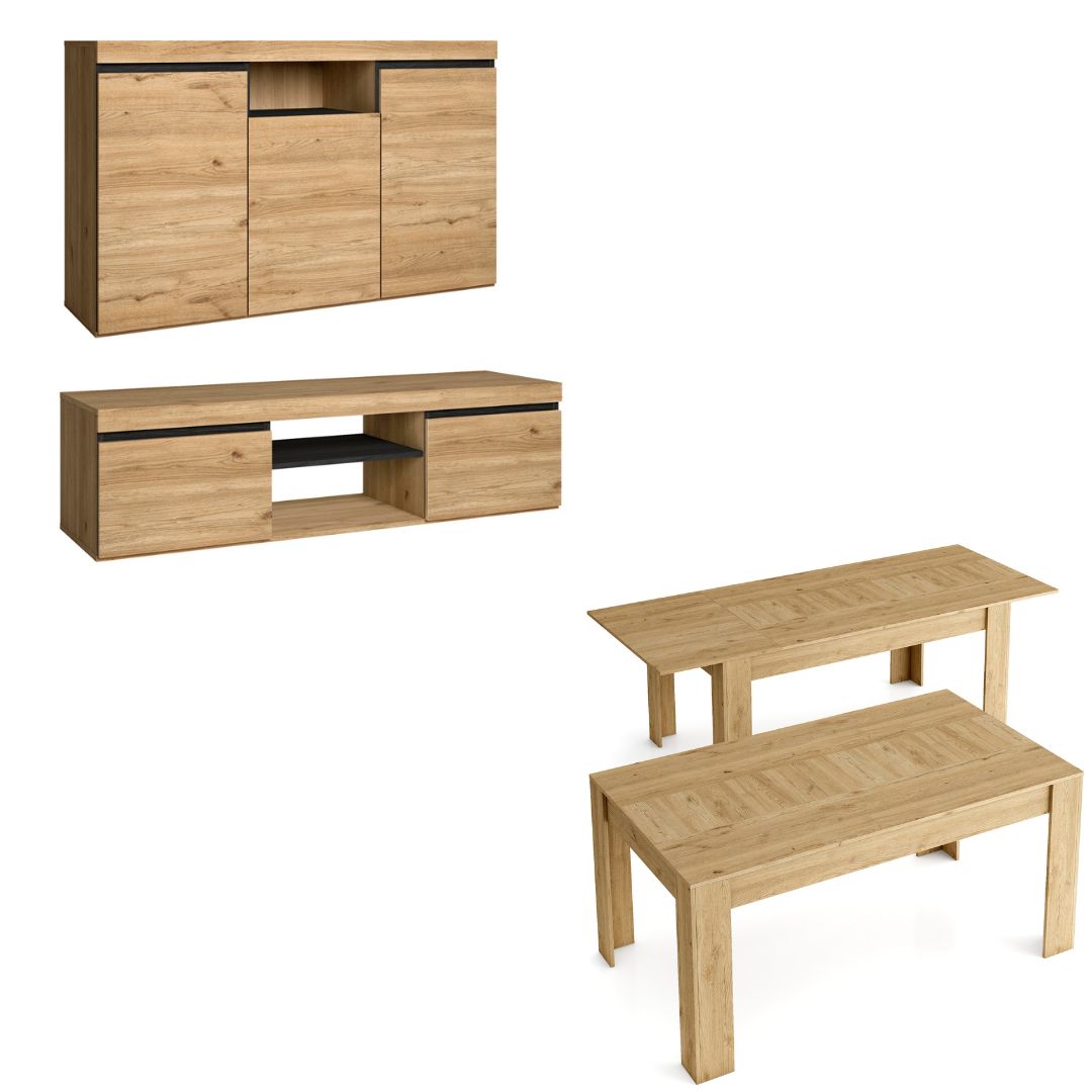 Skraut Home - Set Naturale - Buffet 140x40x81cm - Mueble TV - Mesa Extensible 140/200x90x76cm - acabado color roble negro nórdico