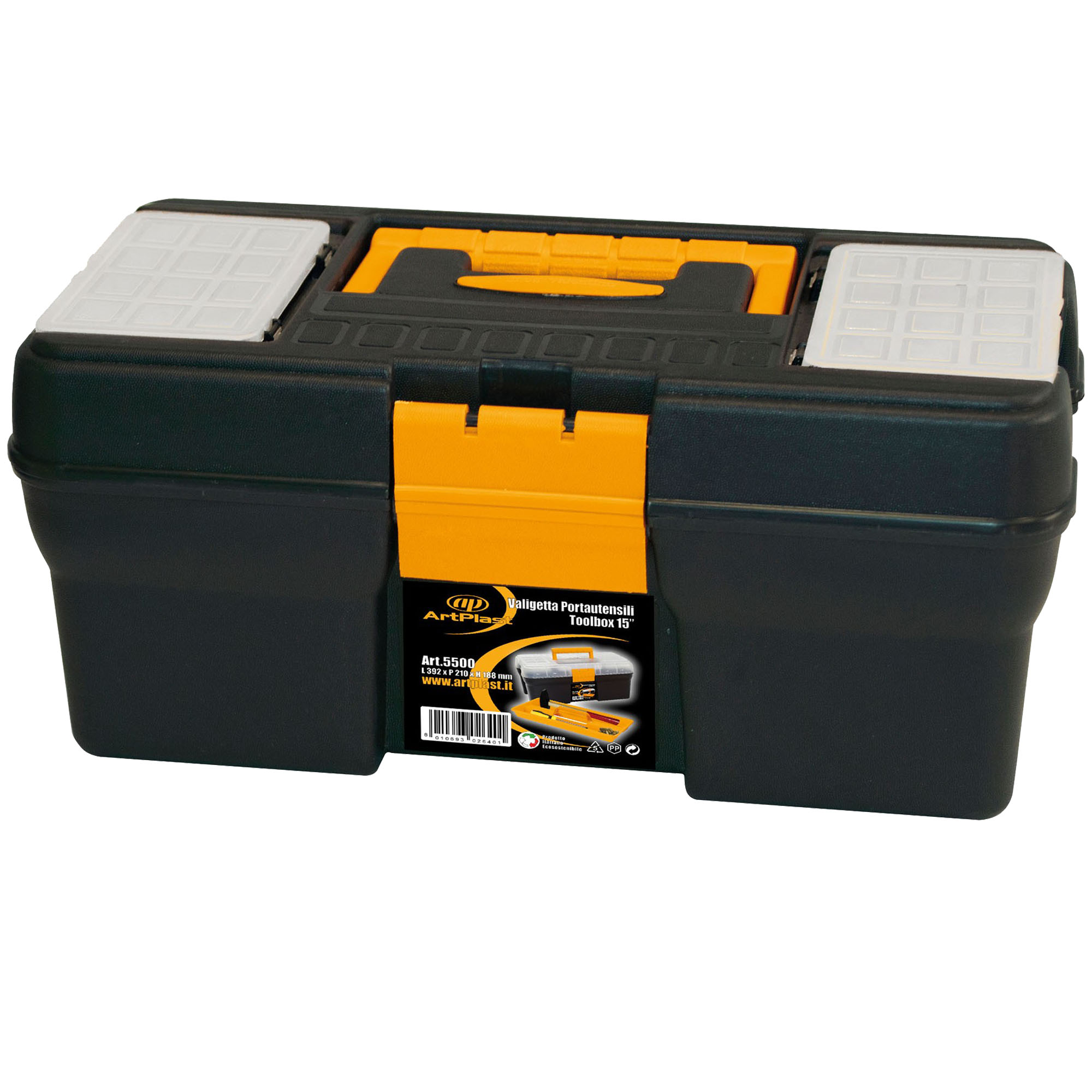 Caja de herramientas en polipropileno 15 "L 392 x P 210 x H 188 mm, con 2 organizadores en la tapa + 1 bandeja en el interior