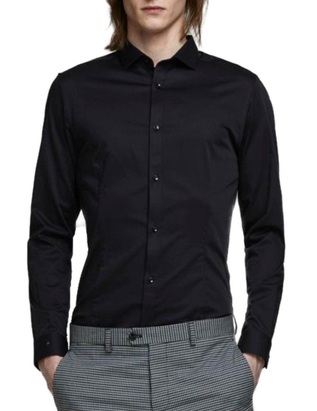 Camisa Jack-Jones para Hombre, Color Negro, Corte Strech y Puños con Botones