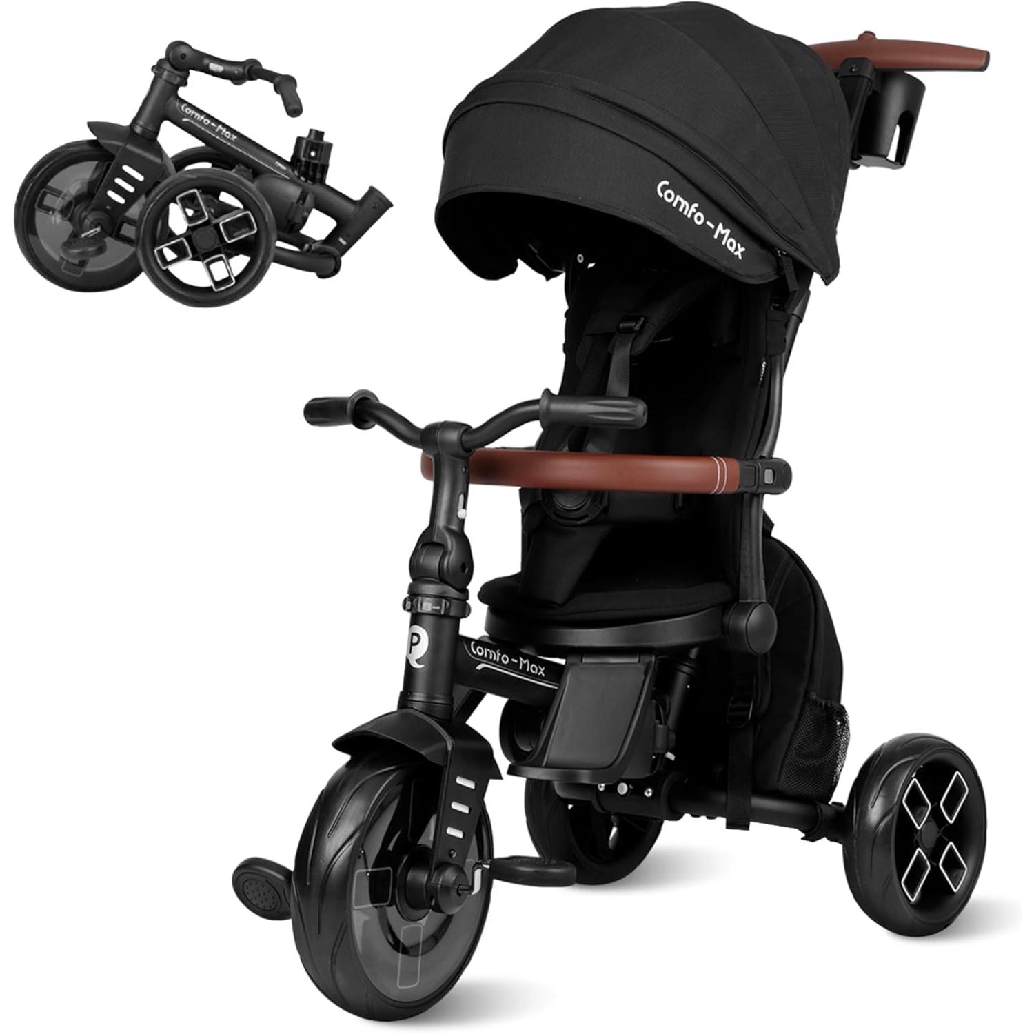 Qplay Triciclo Evolutivo COMFO MAX 6 en 1 Negro | Triciclo Bebe 1 Año Plegable de Aluminio con Asiento 360º, Reclinable y Capota – para Bebés de 10 a 72 Meses