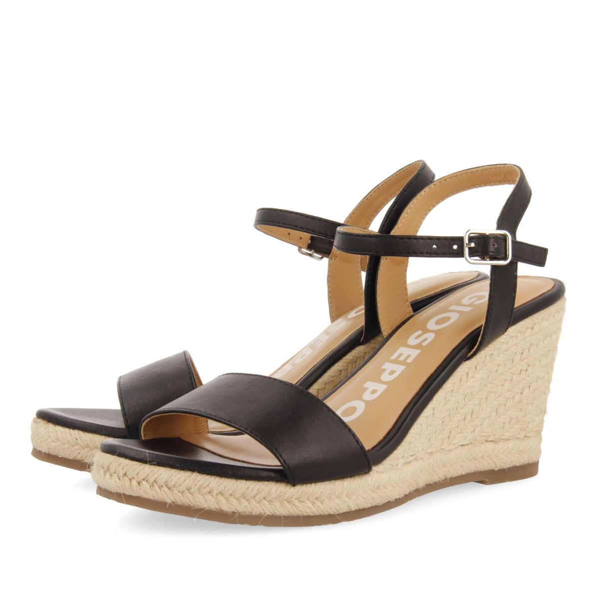 Gioseppo - Sandalia de Piel Negra con Cuña de Yute para Mujer Zhepe - Estilo Mediterráneo