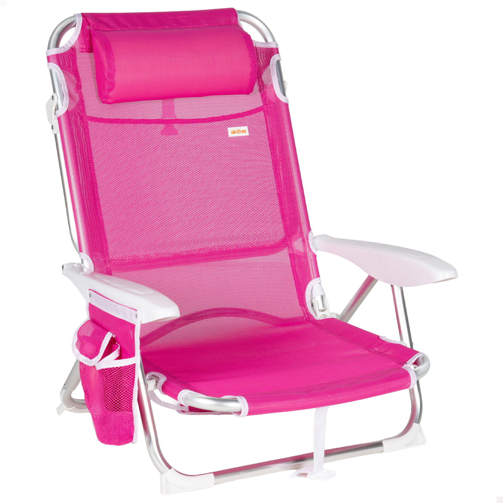 Aktive - Silla de playa plegable multiposición, aluminio y textileno, asiento bajo, incluye bolsillo lateral, cojín acolchado, asa de transporte, silla reclinable de playa, respaldo reclinable