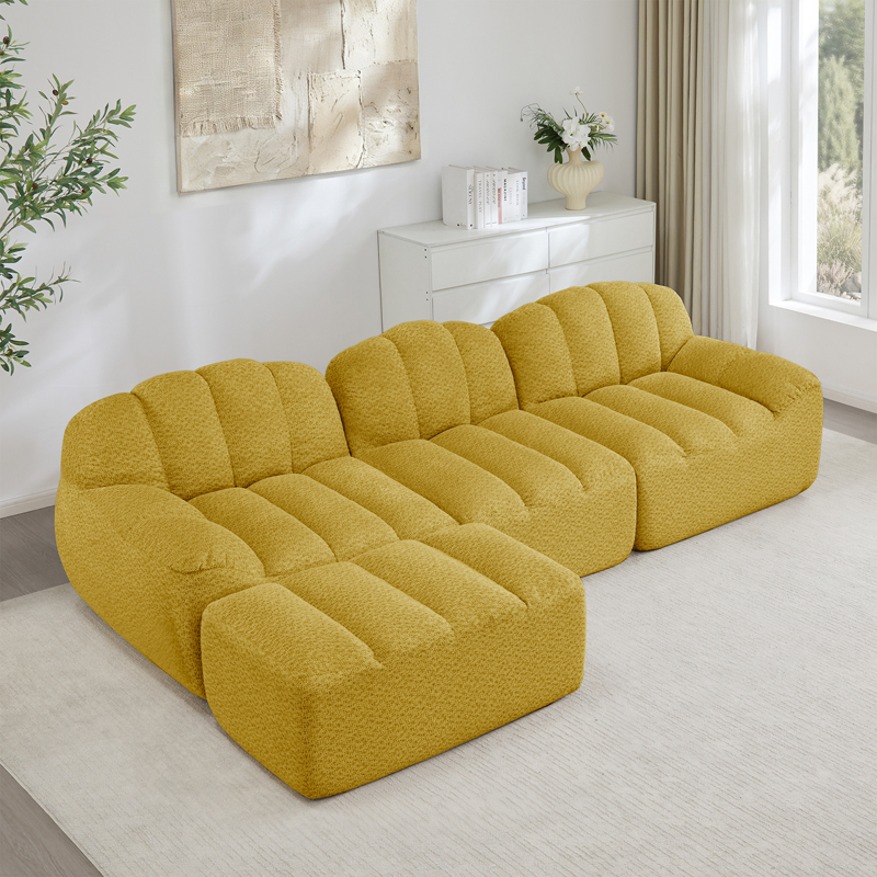 Canapé modulaire jaune 3 places en L avec ottoman et assise profonde
