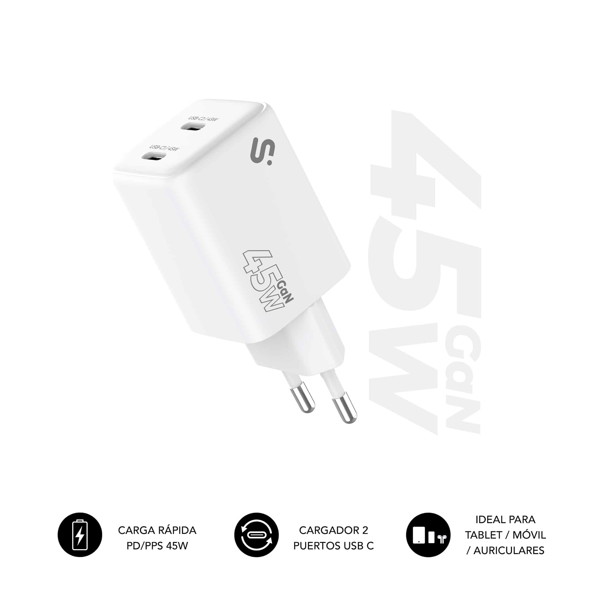Cargador GAN 45 W SUBBLIM 2×USB-C, PD 3.0 & PPS Super Fast 2.0, 25 W + 20 W simultáneos para MacBook Air, iPad Pro/Air, Galaxy Tab S9, Steam Deck, Galaxy S25/S24, iPhone 16, 15, Compacto EU
