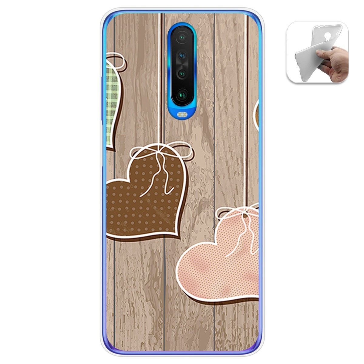 Tumundosmartphone Funda Gel Tpu para Xiaomi Pocophone POCO X2 diseño Corazones Madera Dibujos