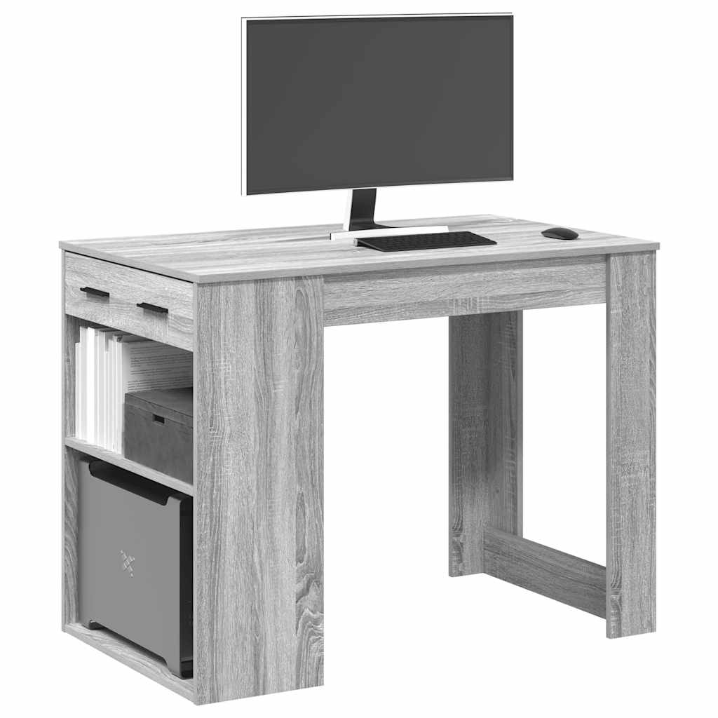 vidaXL Escritorio con cajón y estante madera contrachapada roble en color Negro/Gris sonoma/Madera antigua y más | estructura resistente ideal para salón dormitorio o estudio