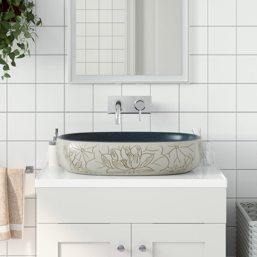vidaXL Lavabo sobre Encimera Ovalado Lavamanos de Baño Cerámica Arena Color Gris y negro,  Morado,  Azul oscuro y mas