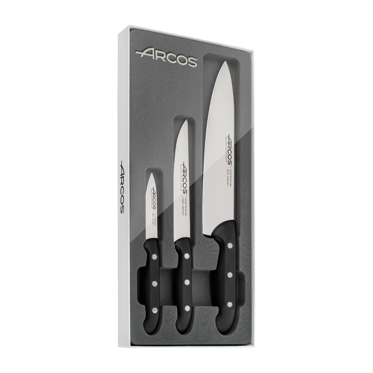 Arcos Serie Maitre - Set de Cuchillos de Cocina 3 piezas (Mondador + Cocina + Chef) - Hoja de Acero Inoxidable NITRUM - Mango de Polipropileno Color Negro